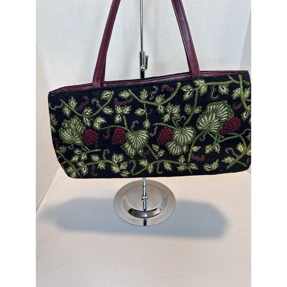Carolee Vintage Embroidered Black Wool Hand Bag Purse, Acorn Motif With Beads - Picture 3 of 12